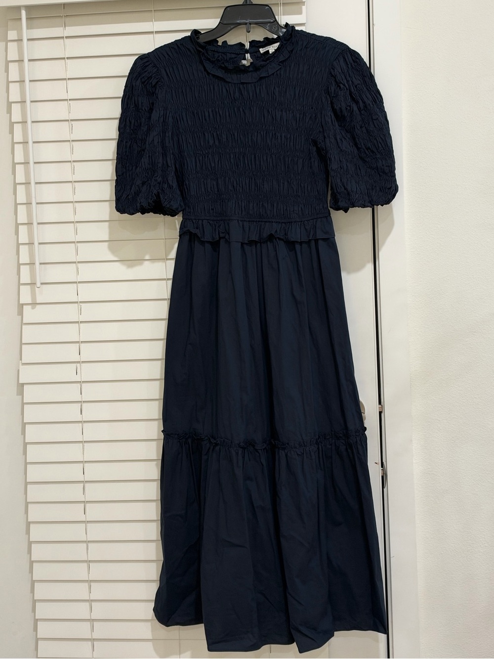 $200 Puff-Sleeve Tiered Midi Dress